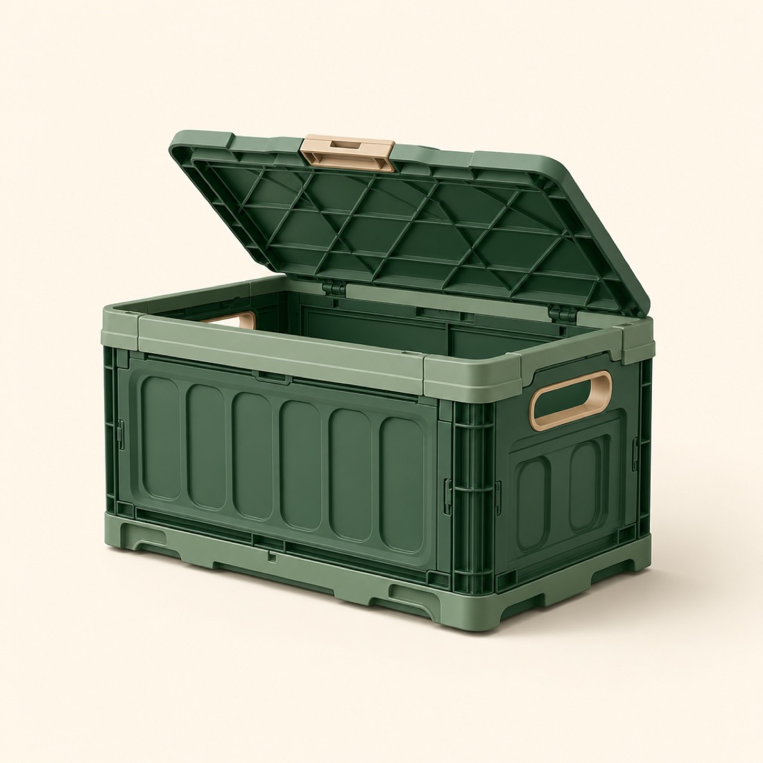 A single durable stackable reusable plastic moving crate with a folding lid and built-in handles