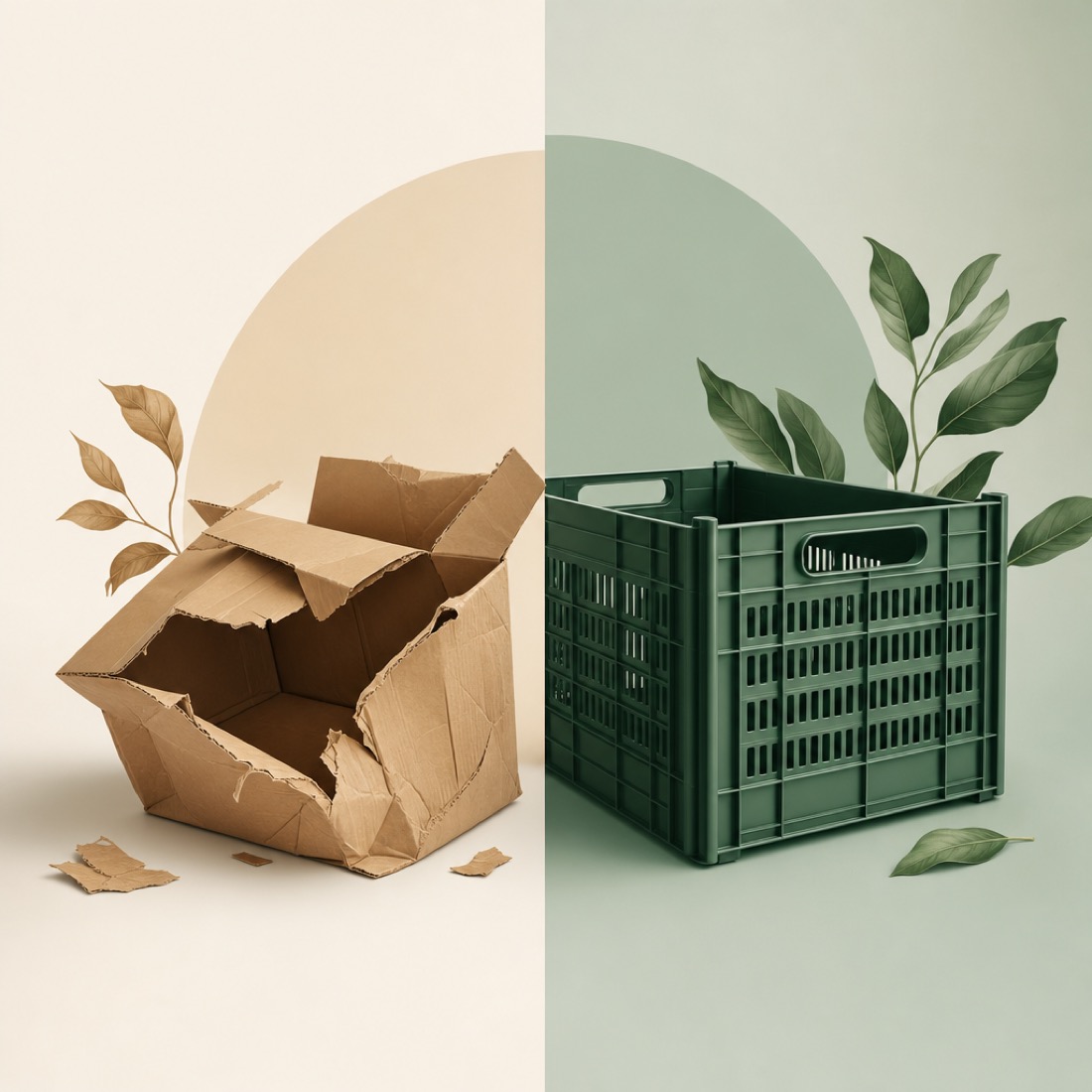 A flimsy collapsing cardboard box next to a strong upright reusable plastic crate, side-by-side comparison