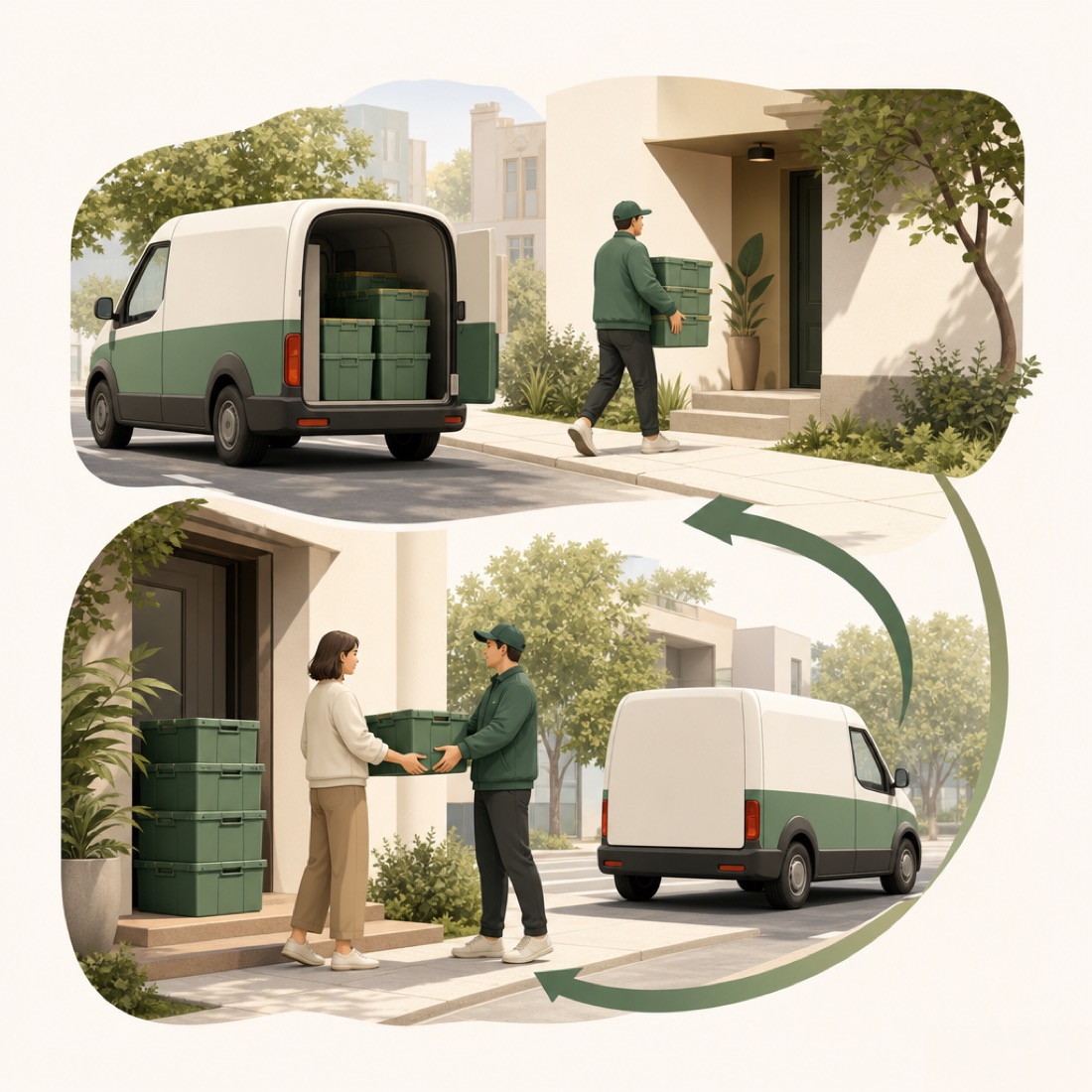 A small delivery van dropping off and collecting stacks of reusable moving crates at a home, showing the rental loop