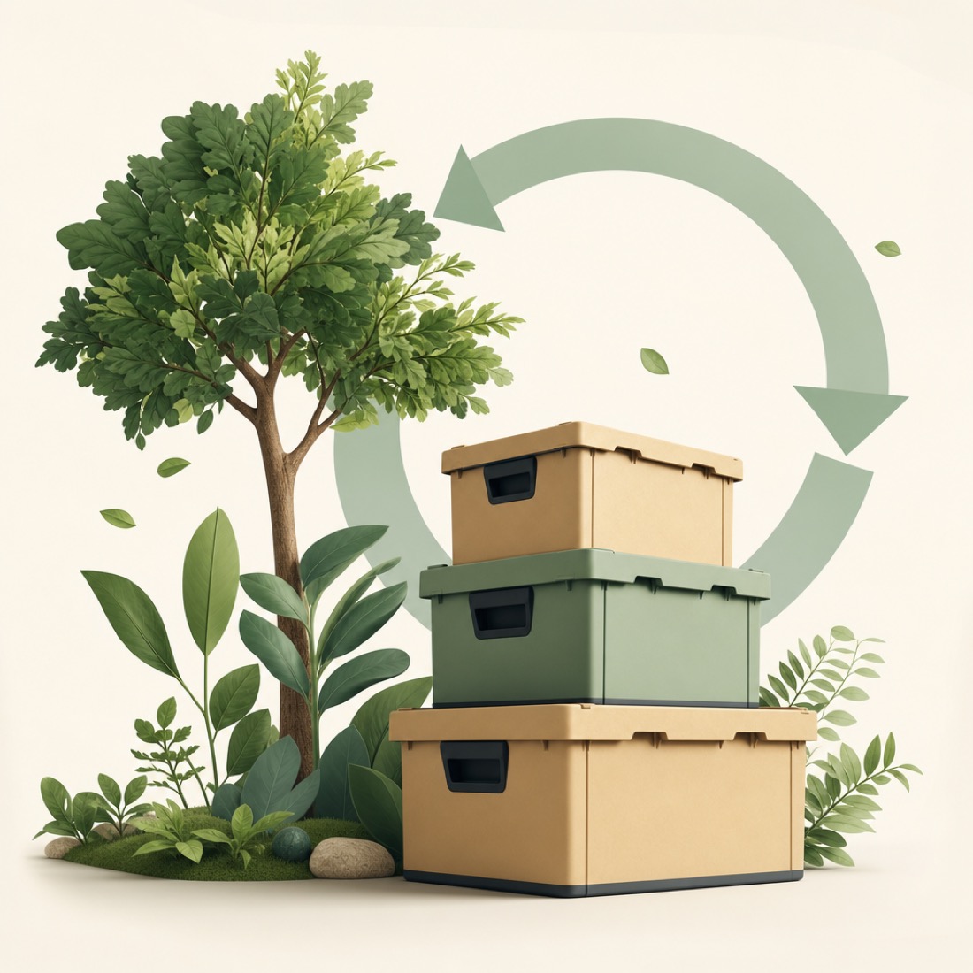 A green tree and leaves growing beside a stack of reusable crates, symbolising sustainable, low-waste moving