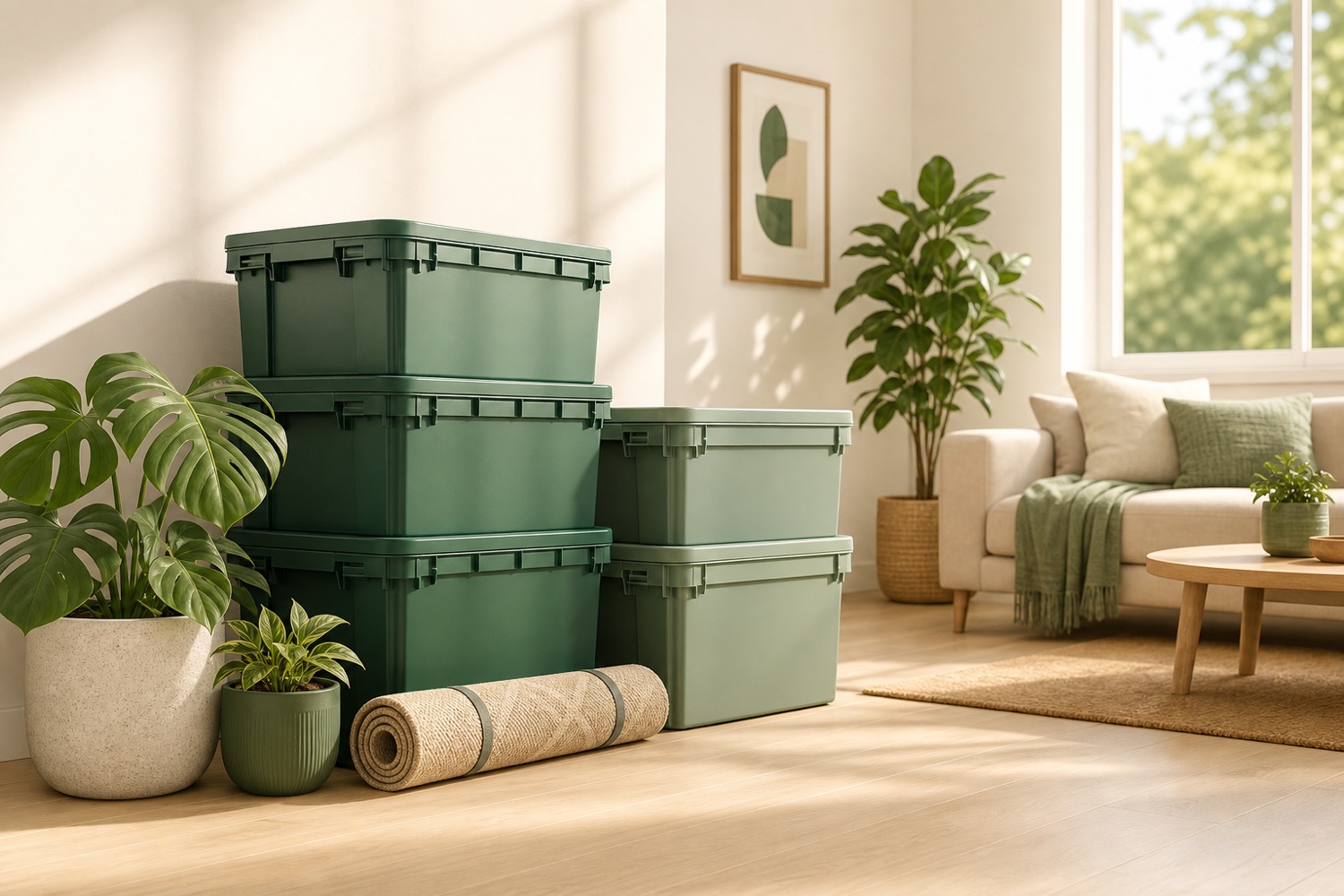 A neat stack of reusable plastic moving crates with lids in a bright, tidy living room ready for a home move